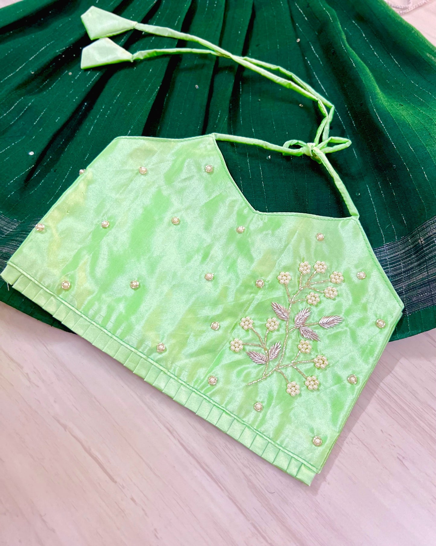 Mint Green With Dark Green Floral Twig Aari Work Lehenga Set