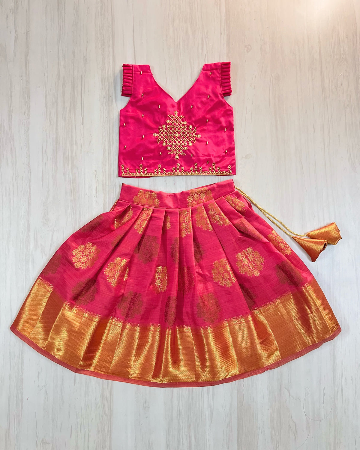 Velvety Magenta Temple Kolam Aari Work Traditional Lehenga Set