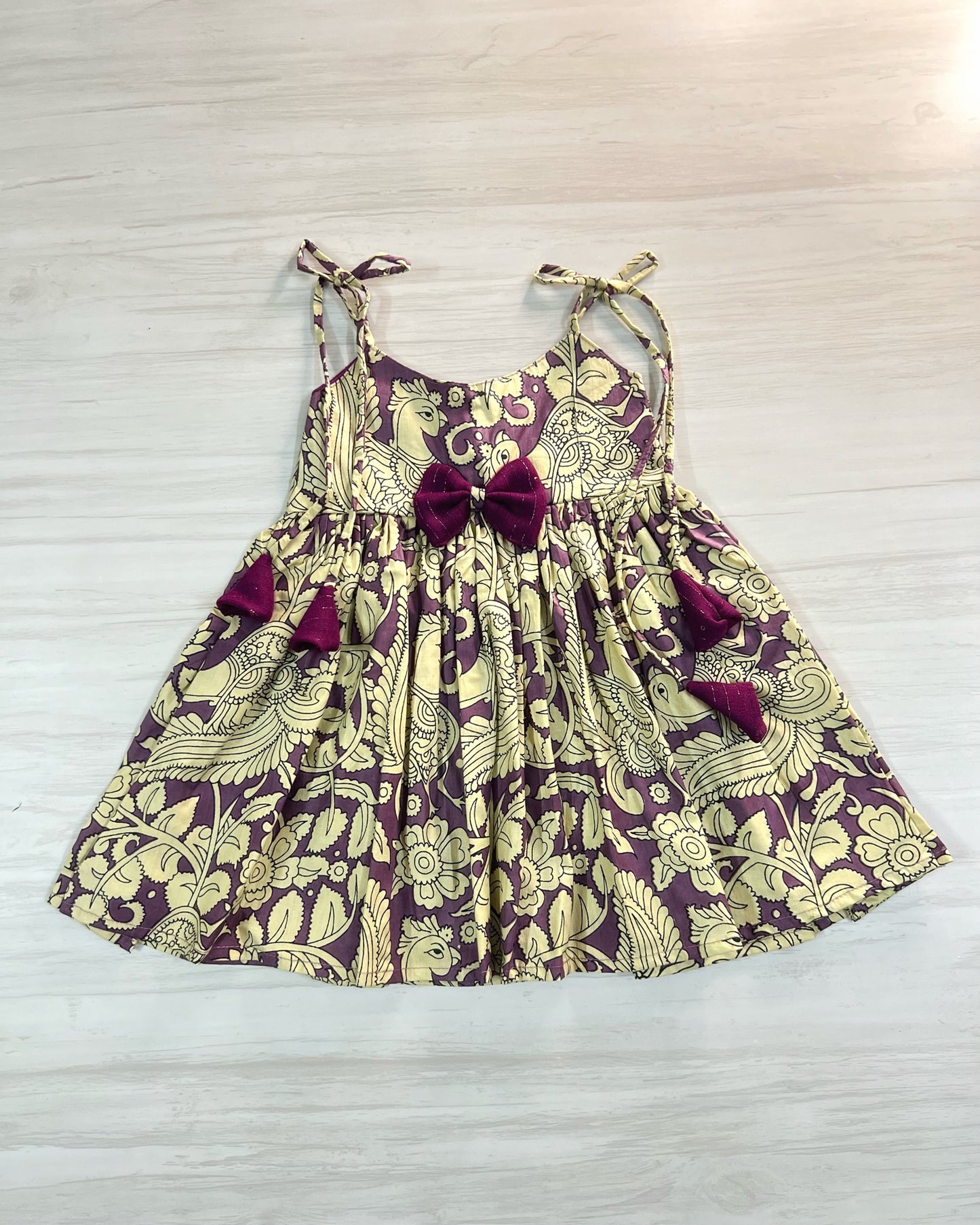 Dusky Purple Kalamkari Print Tie Up Cotton Frock