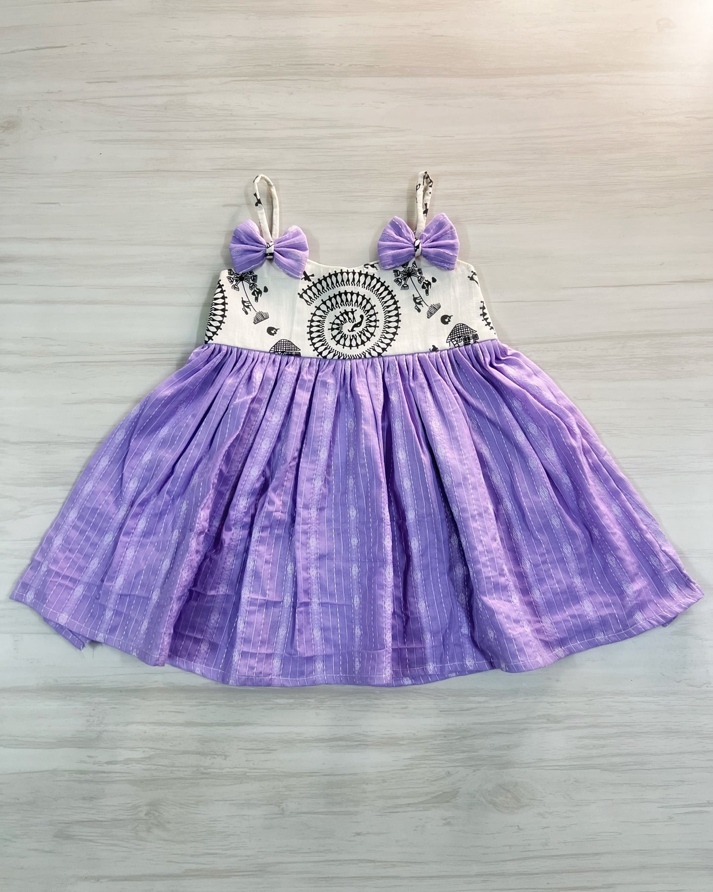 Dainty Lavender And Soft White Double Bow Cotton Frock