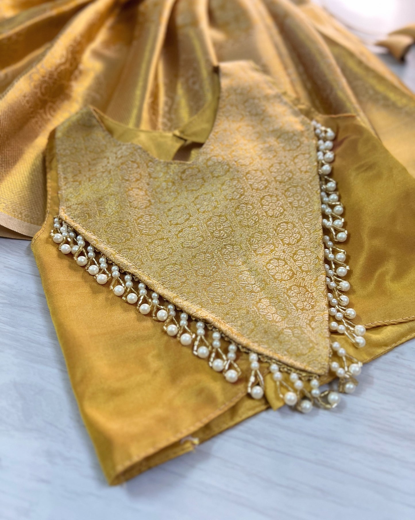 Golden Crown Premium Pearl Embellished Modern Back Lehenga Set | The Silkberry