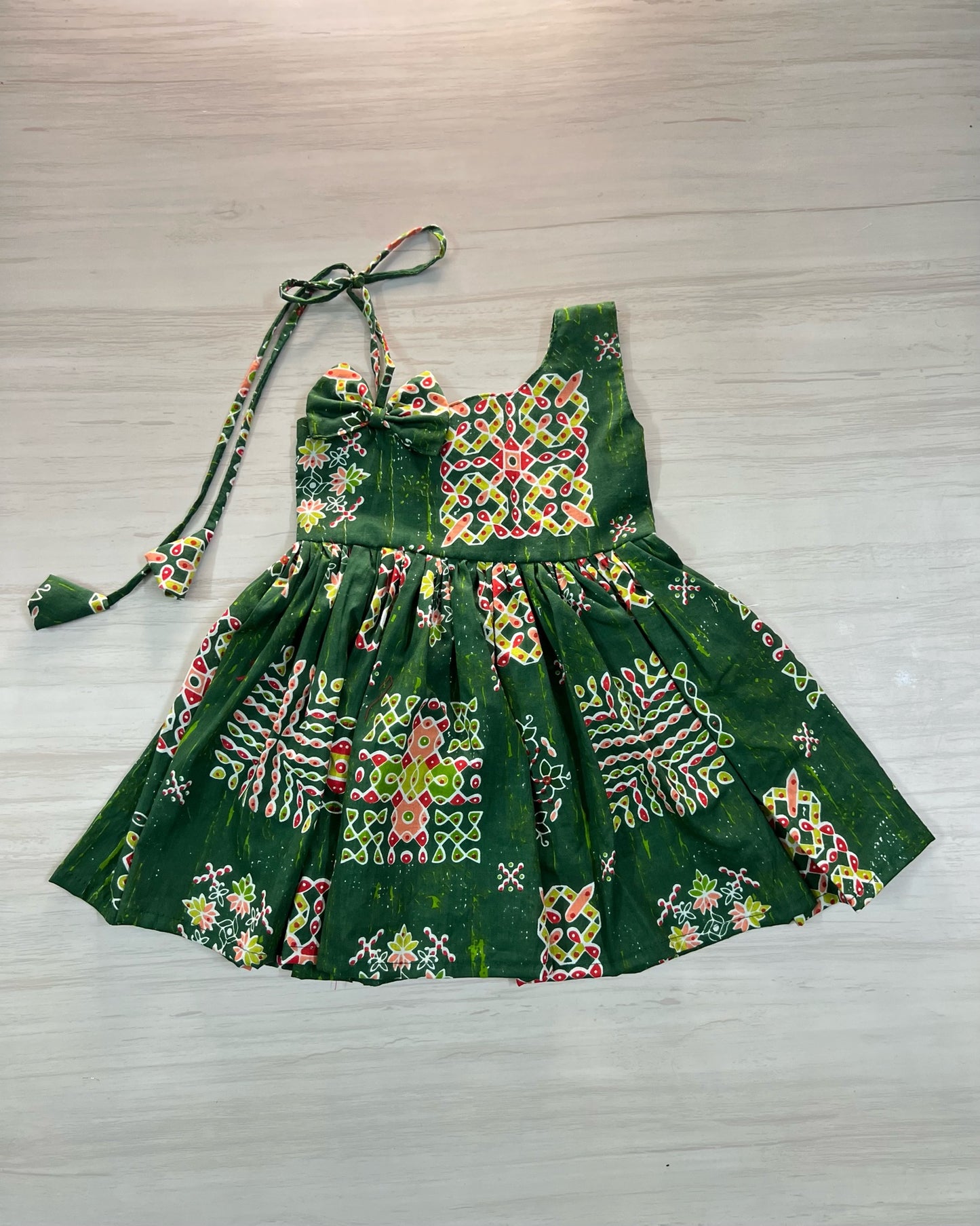 Pine Green Kolam Design One Side Tie-Up Frock | The Silkberry
