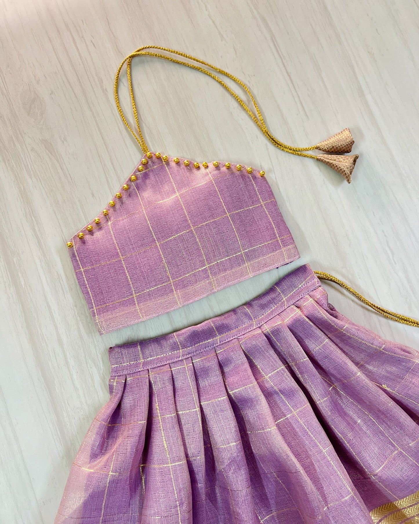 Soft Lavender Halter Neck Tissue Silk Lehenga Set
