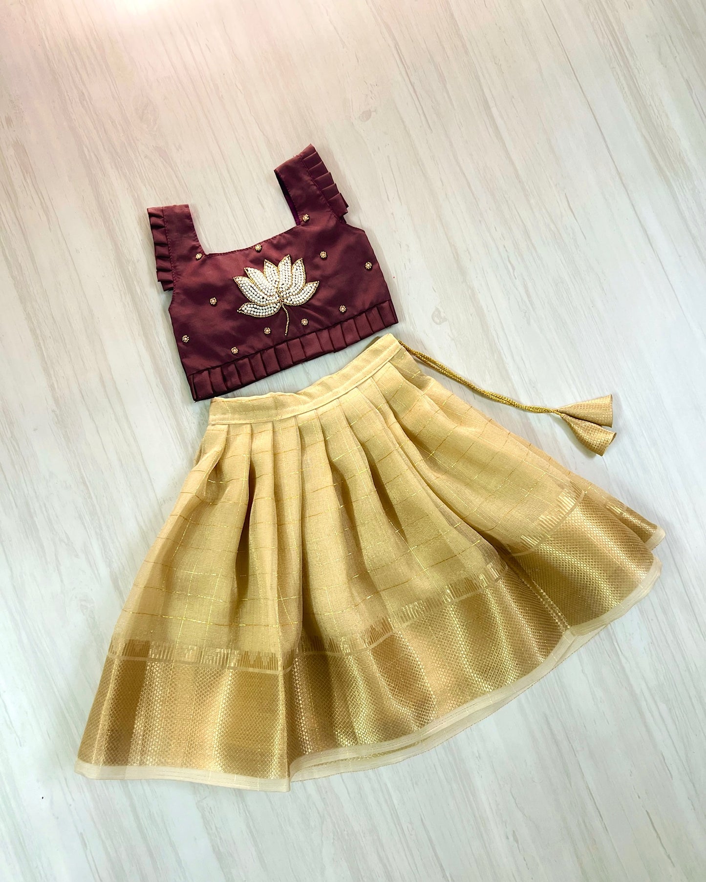 Cinnamon Brown Lotus Embroidered Cute Top With Beige Tan Skirt Lehenga Set