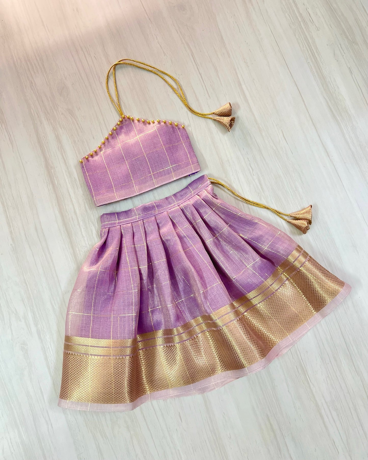 Soft Lavender Halter Neck Tissue Silk Lehenga Set
