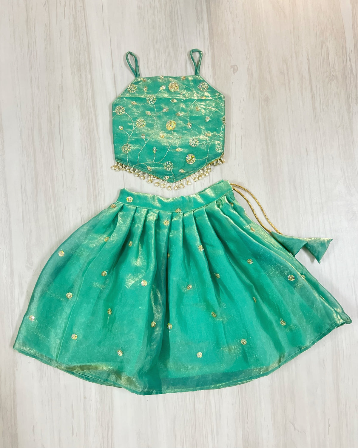 Clear Teal Lagoon Floral Sequinned Silky Soft Modern Lehenga Set
