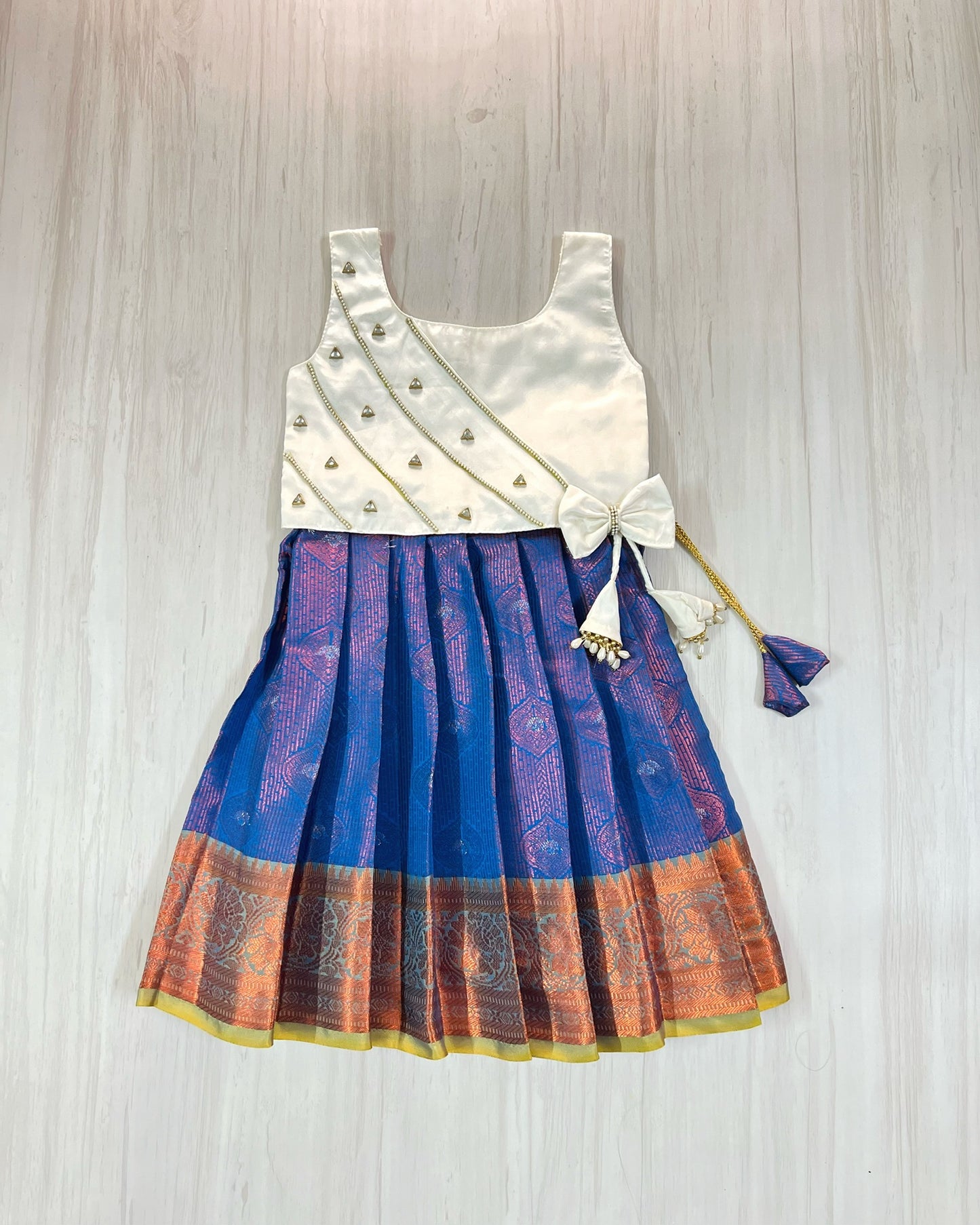 Pure White Embellished Top And Royal Blue Silk Skirt Lehenga Set