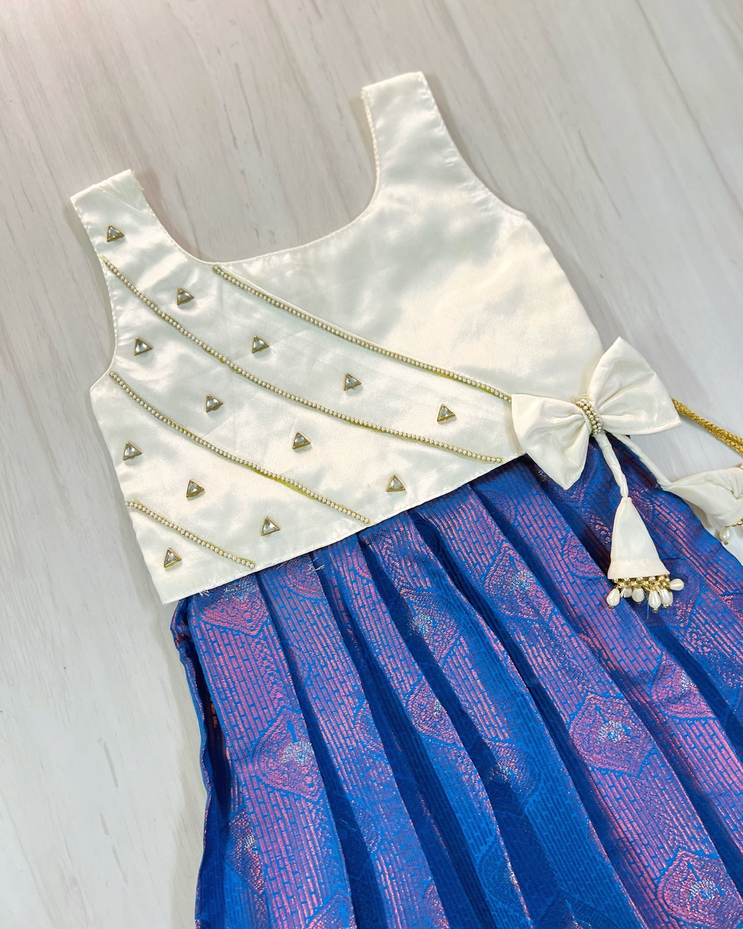 Pure White Embellished Top And Royal Blue Silk Skirt Lehenga Set