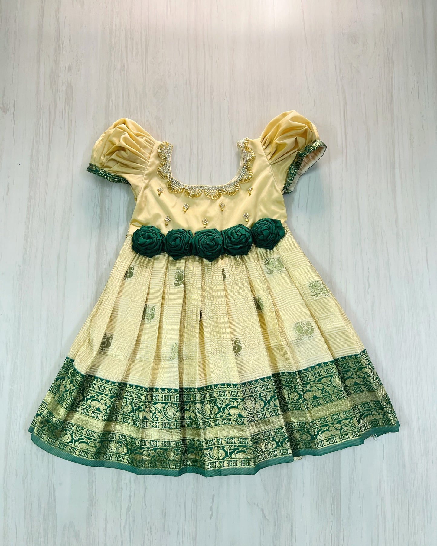 Cream And Dark Green Floral Gown With Puff Sleeves Silk Gown
