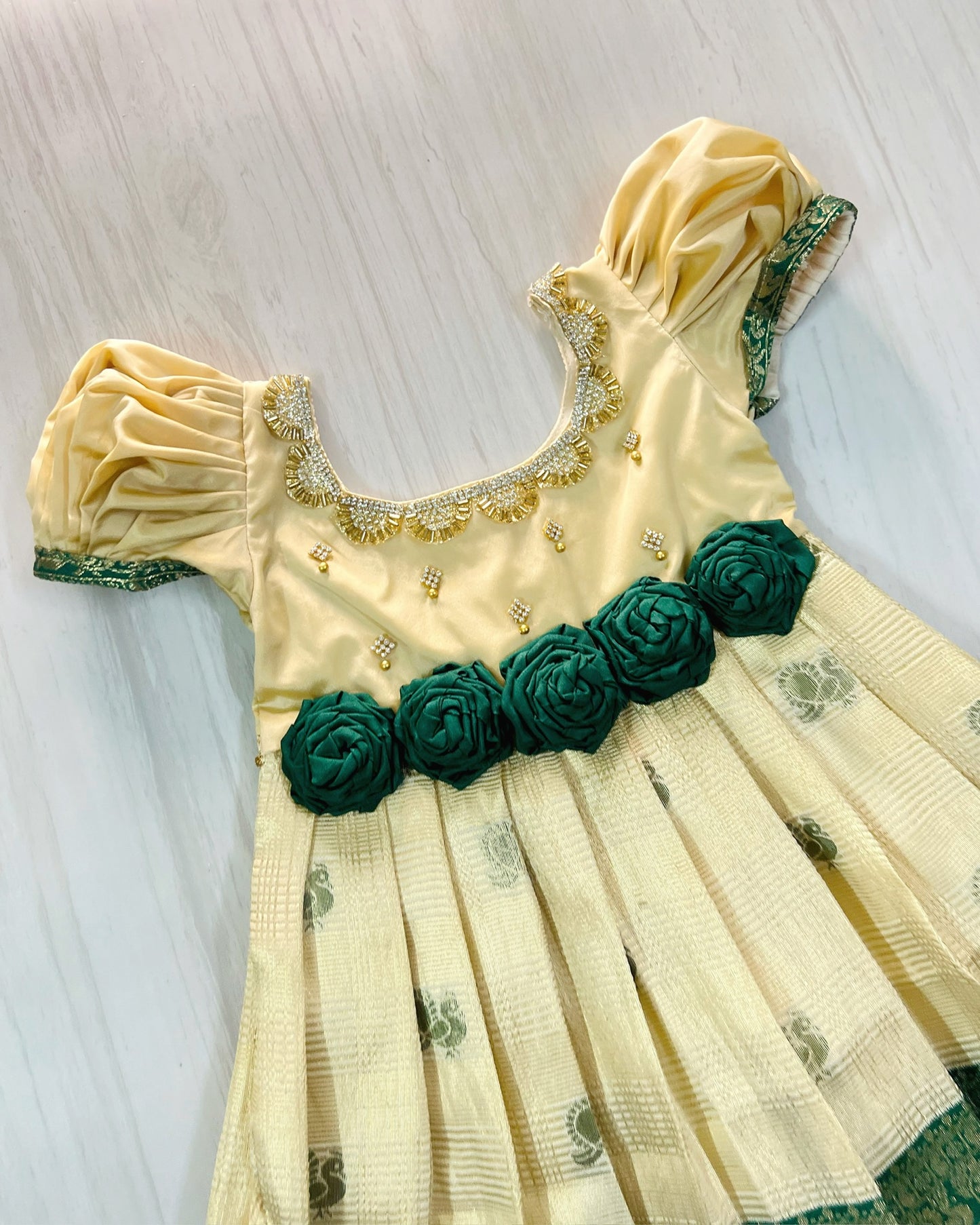 Cream And Dark Green Floral Gown With Puff Sleeves Silk Gown