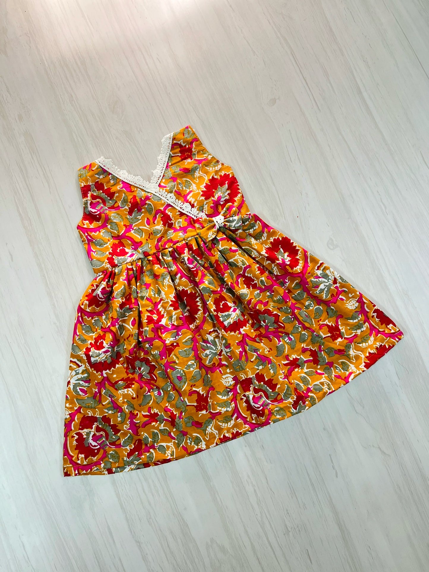 Honey Gold With White Lace Botanical Print Cotton Frock