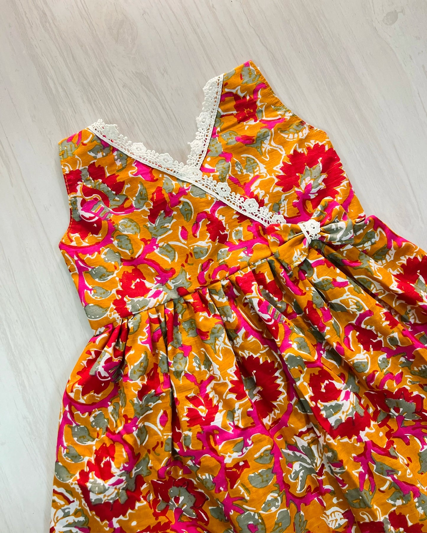 Honey Gold With White Lace Botanical Print Cotton Frock