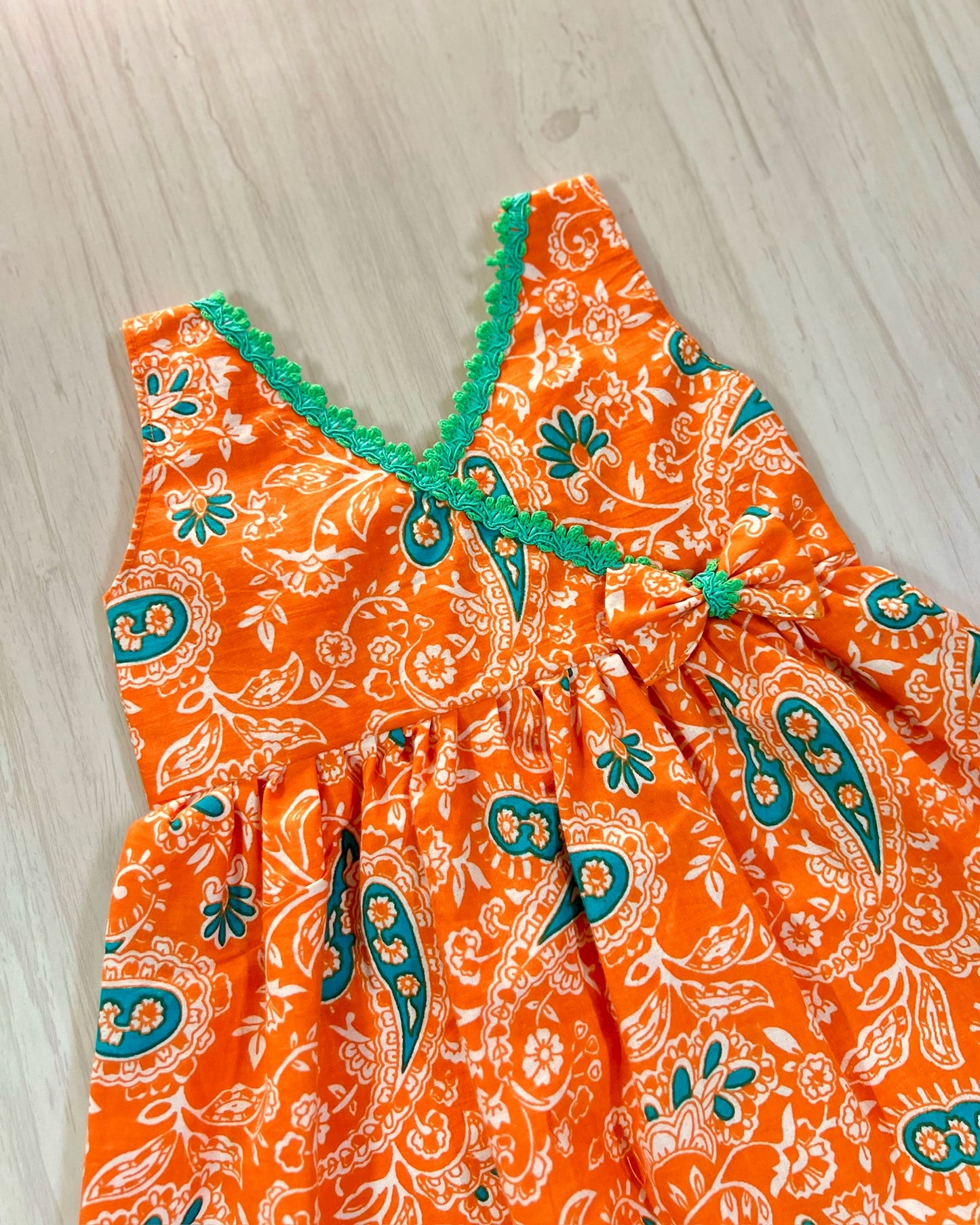 Tangerine With Teal Lace Paisley Print Cotton Frock