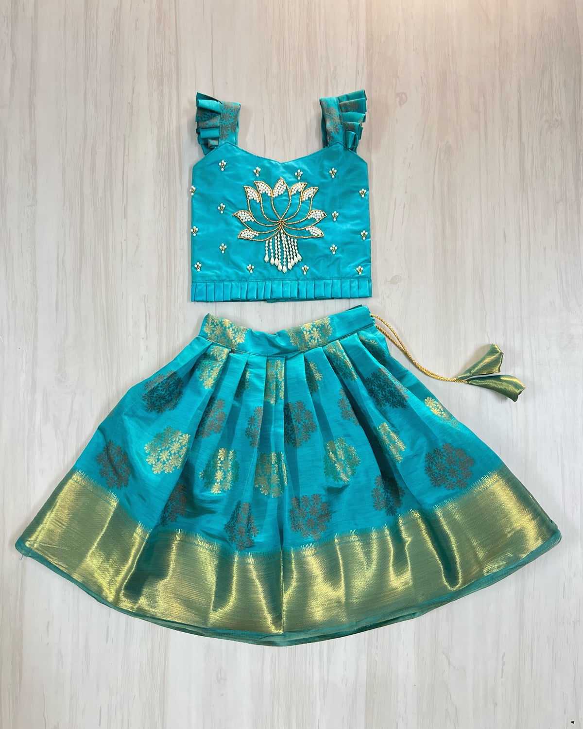 Aqua Lotus With Playful Pearls Aari Work Traditional Lehenga Set