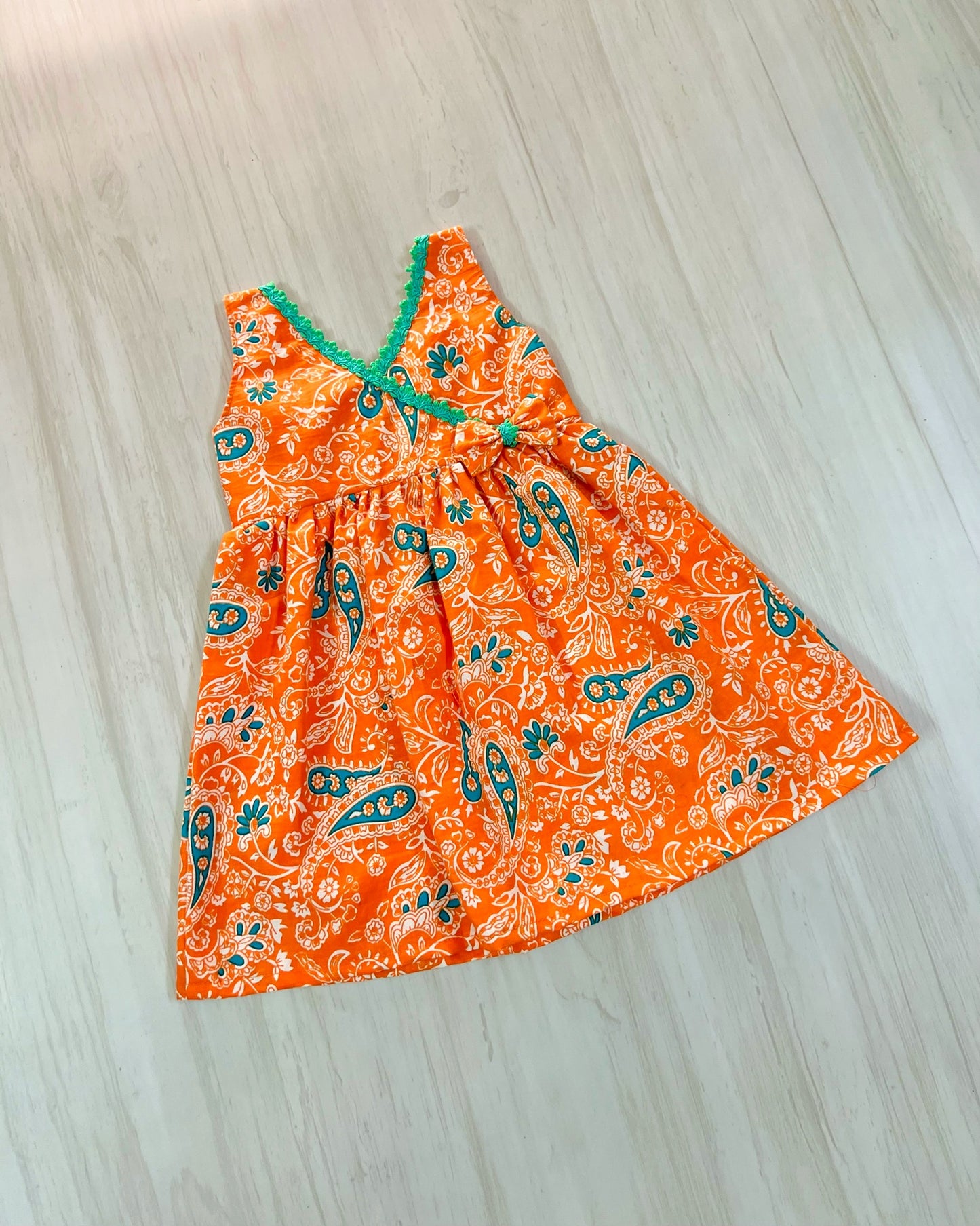 Tangerine With Teal Lace Paisley Print Cotton Frock