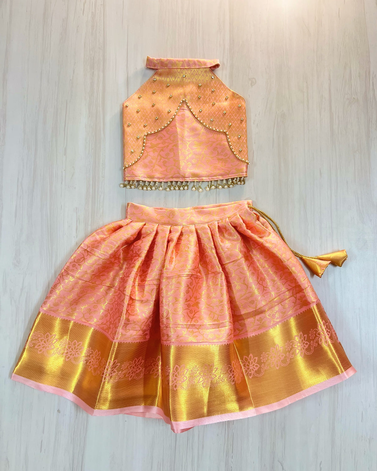 Rosy Cheeks Pink Scalloped Hanging Pearls Lehenga Set