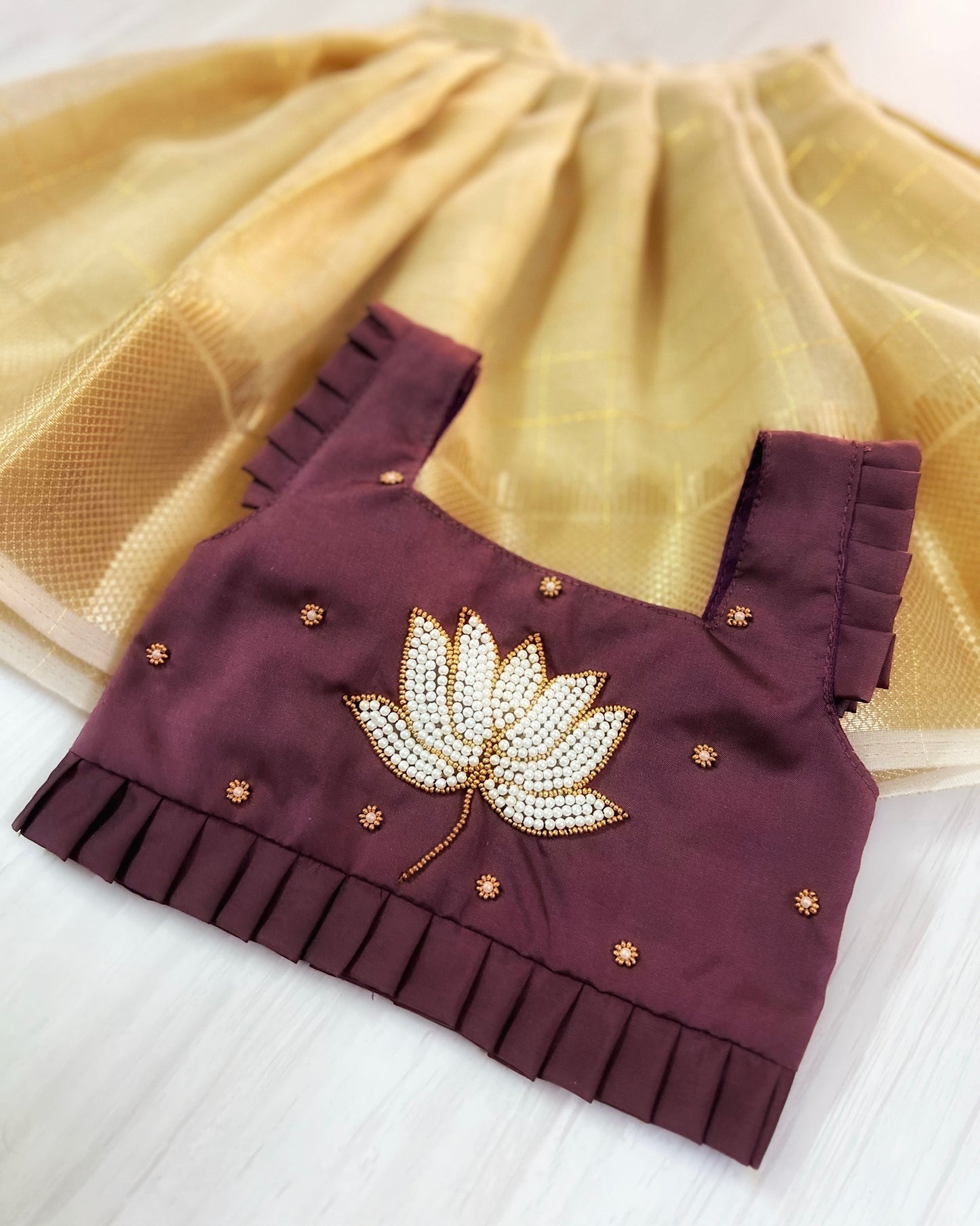 Cinnamon Brown Lotus Embroidered Cute Top With Beige Tan Skirt Lehenga Set