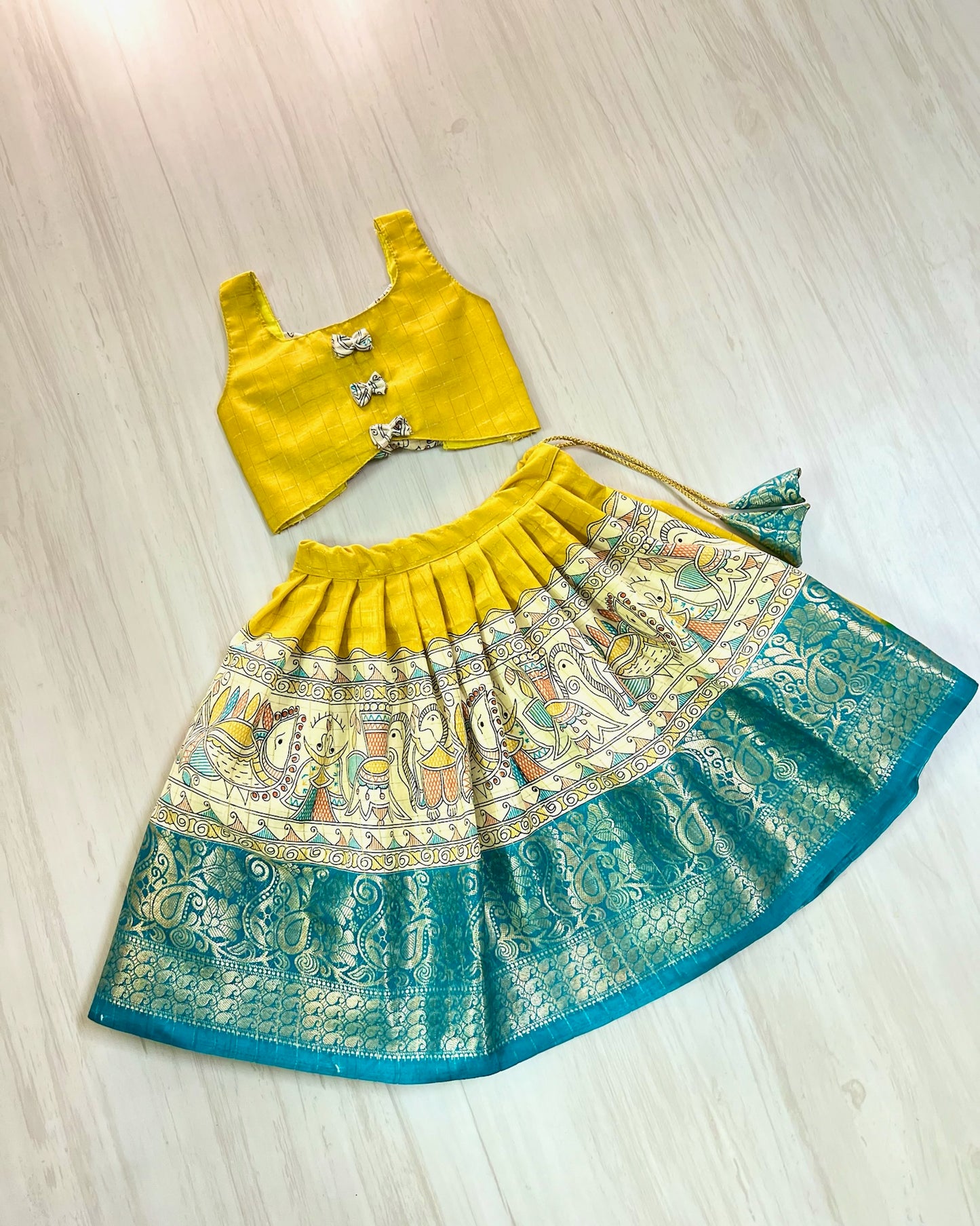 Breezy Yellow Cute Bow Tie Up Top With Pichwai Print Skirt