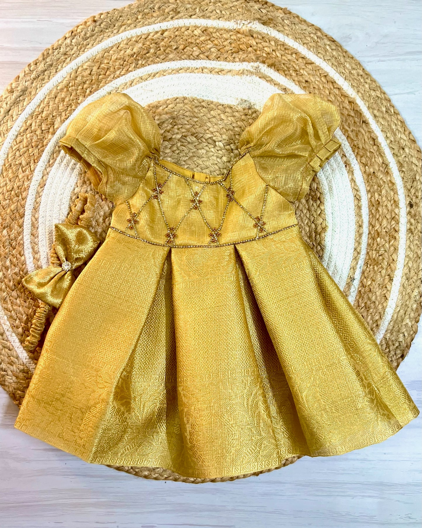 Golden checked stone embellished full gown