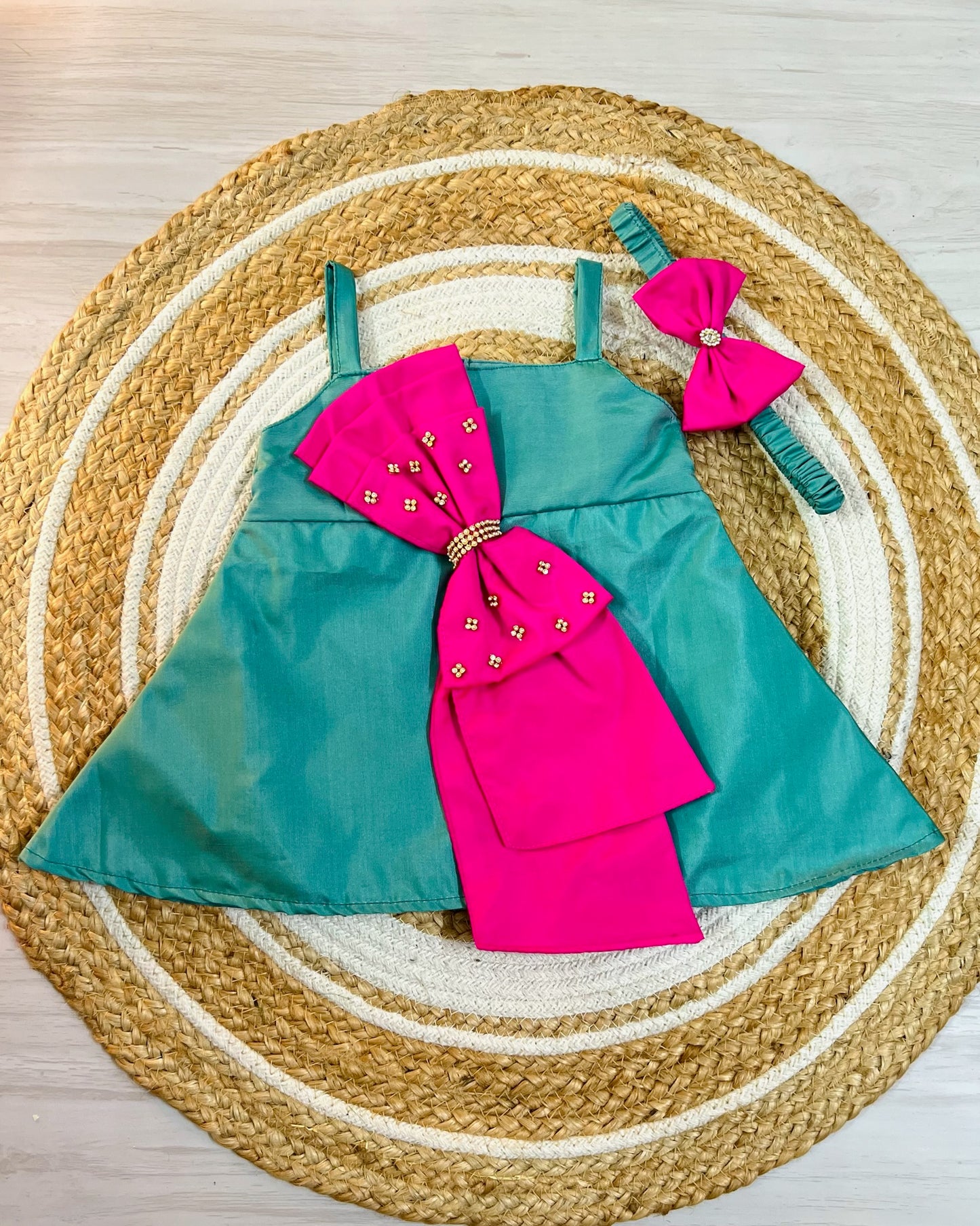 Teal Popping Pink Bow Party Frock