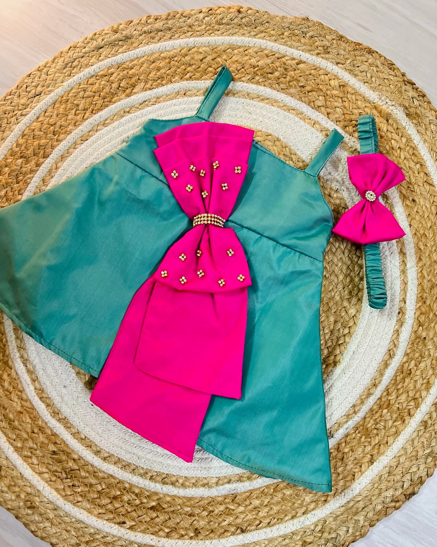 Teal Popping Pink Bow Party Frock