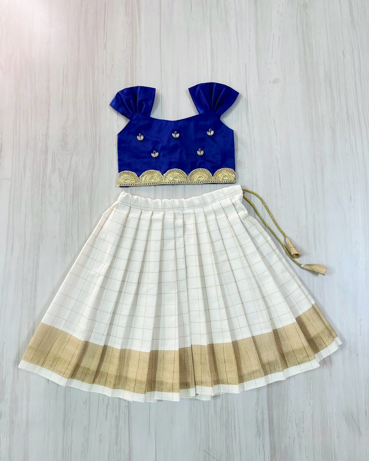 Midnight Blue Embellished Scallop Top With Pure Cotton White Skirt