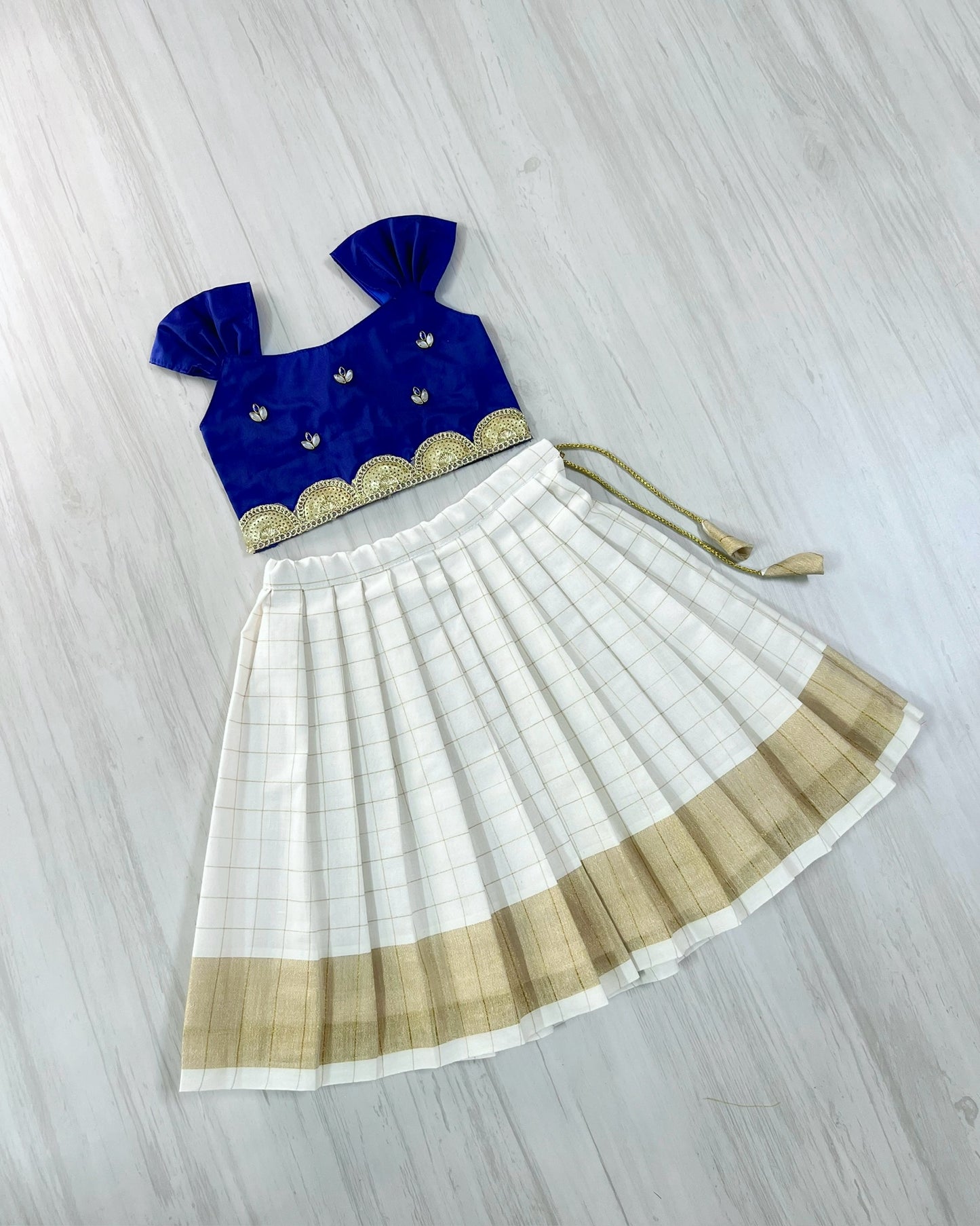 Midnight Blue Embellished Scallop Top With Pure Cotton White Skirt