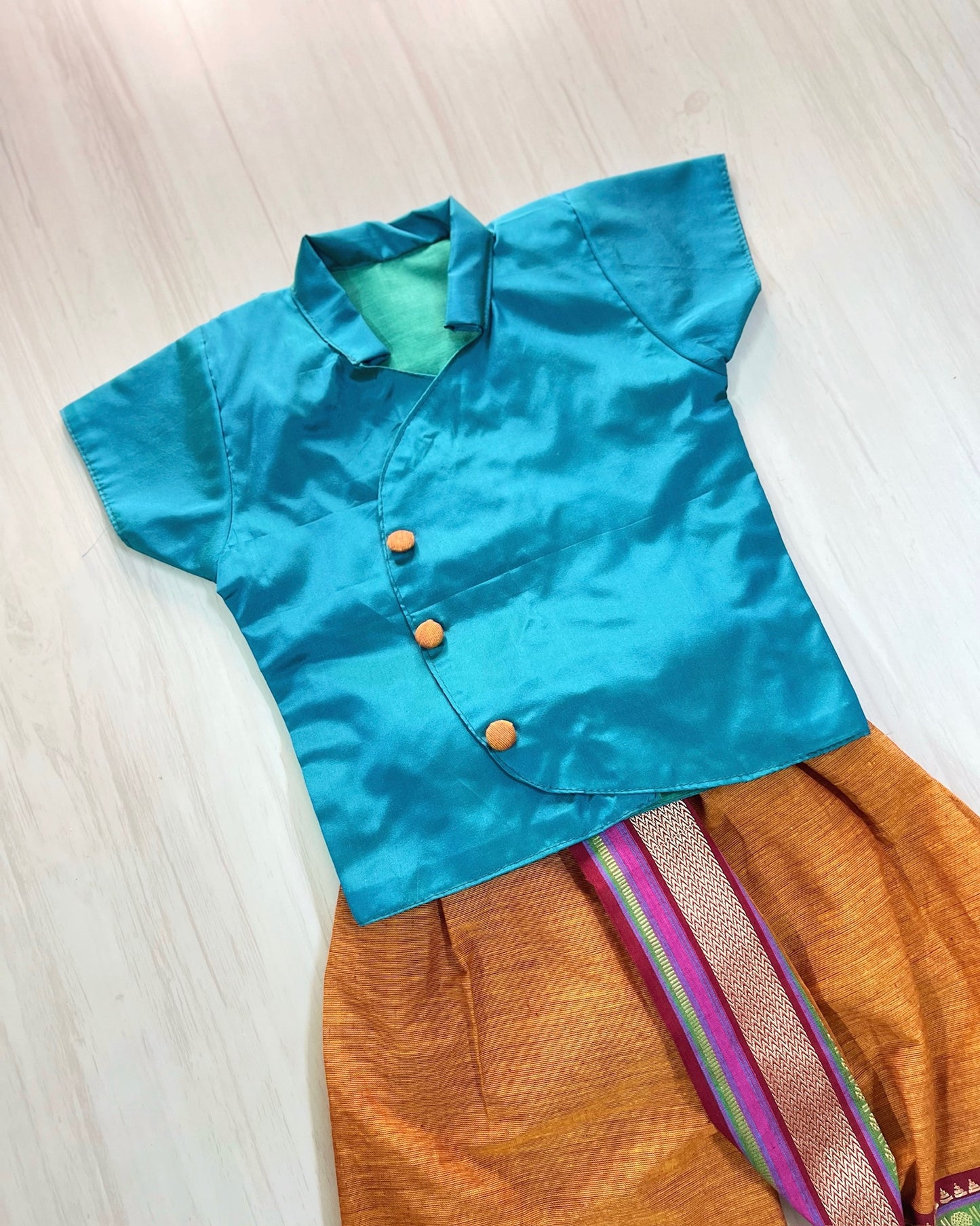 Peacock Blue Stylish Shirt With Mustard Yellow Dhoti Set