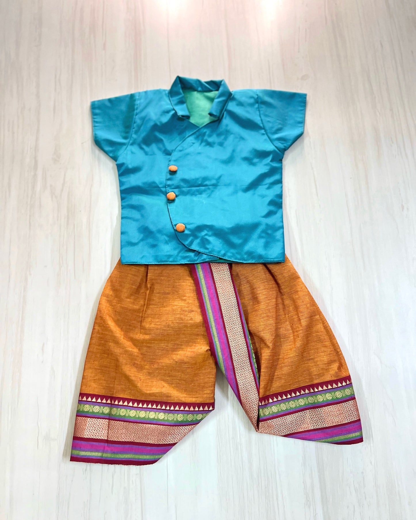 Peacock Blue Stylish Shirt With Mustard Yellow Dhoti Set