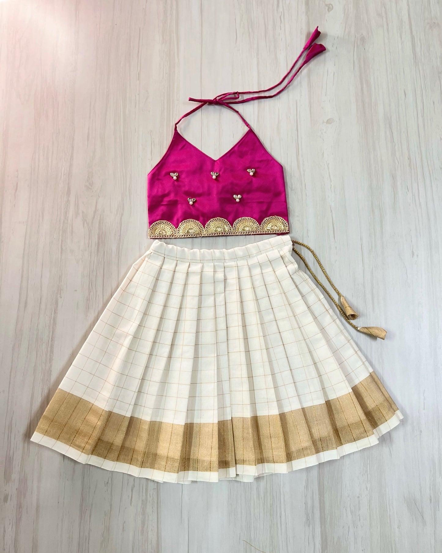 Barbie Pink Embellished Scallop Top With Pure Cotton White Skirt
