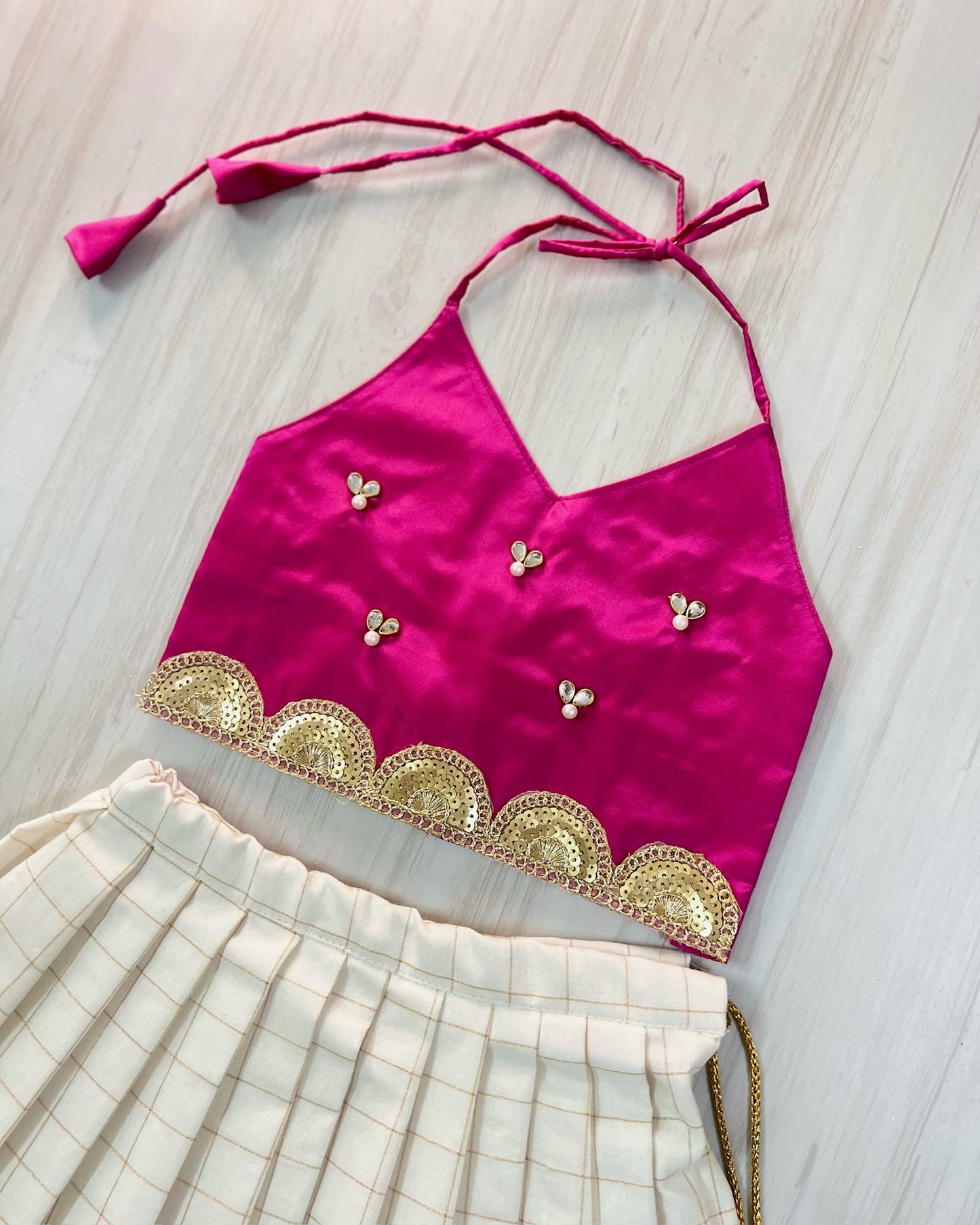 Barbie Pink Embellished Scallop Top With Pure Cotton White Skirt