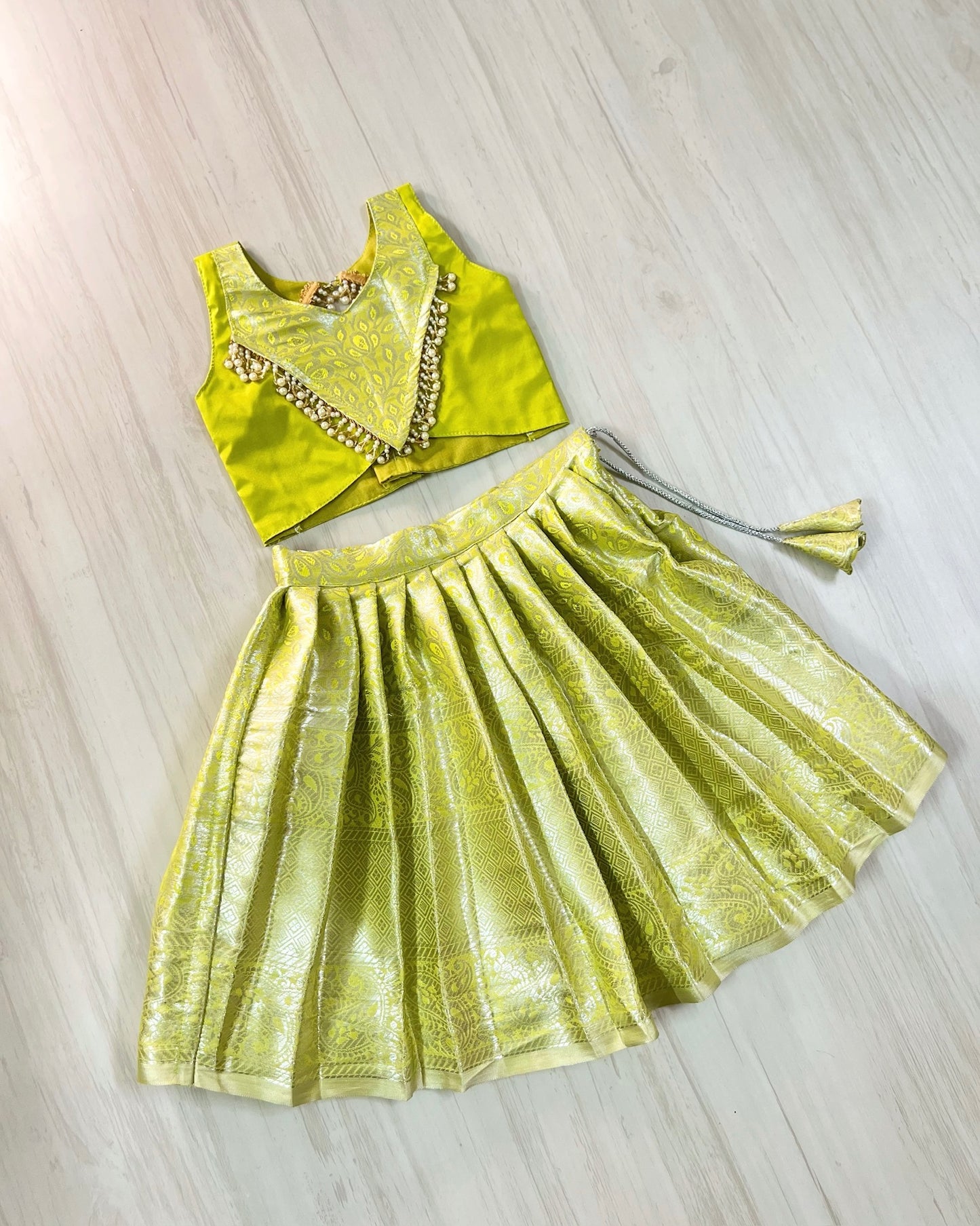 Apple Green Shimmery Pearl Embellished Modern Back lehenga Set