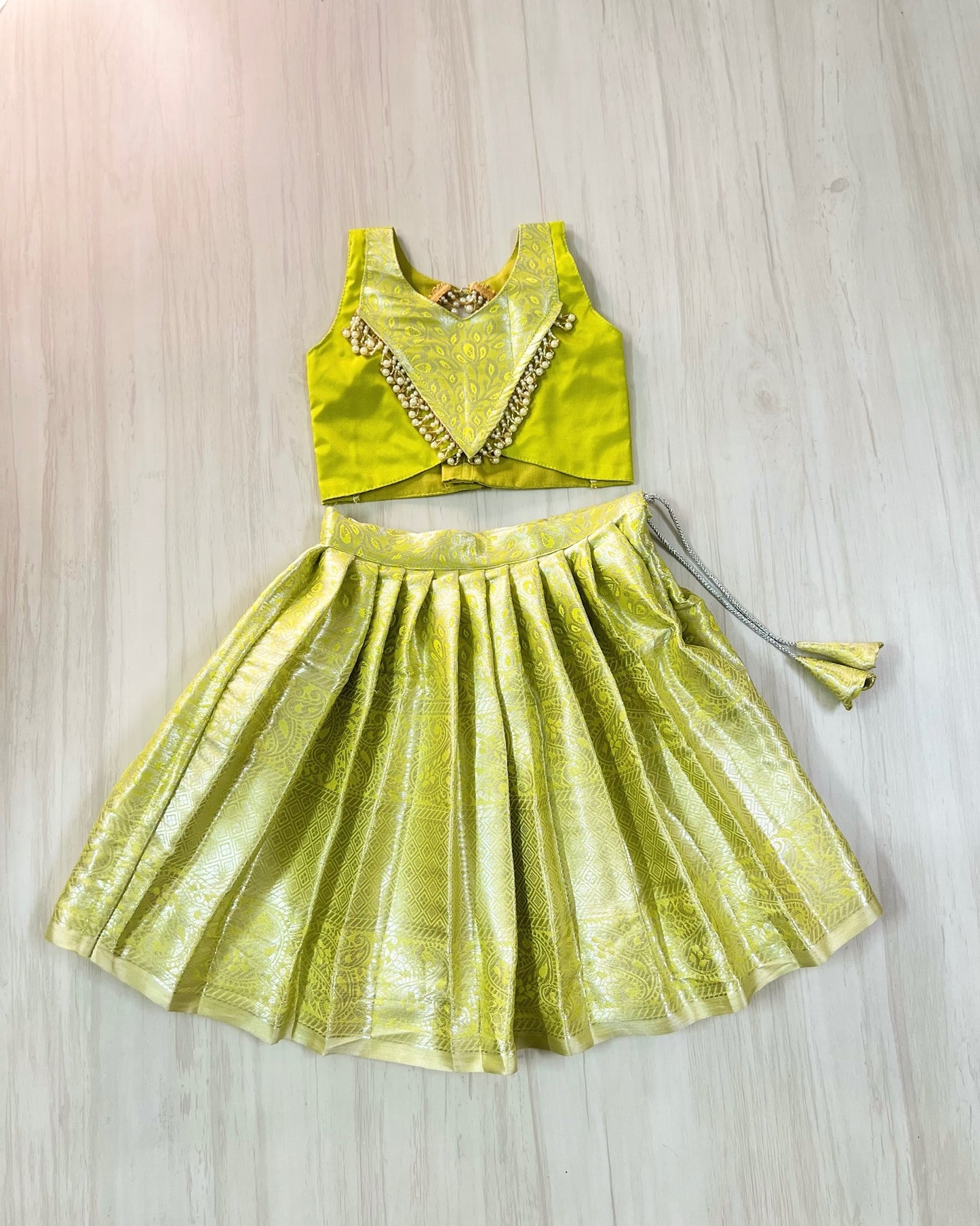 Apple Green Shimmery Pearl Embellished Modern Back lehenga Set