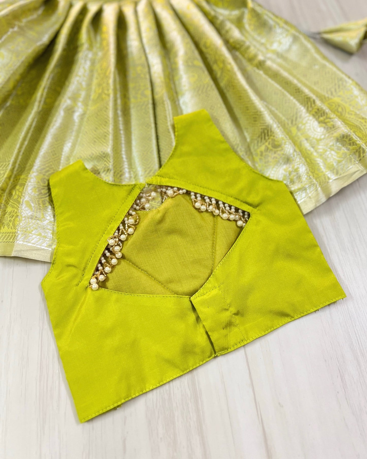 Apple Green Shimmery Pearl Embellished Modern Back lehenga Set