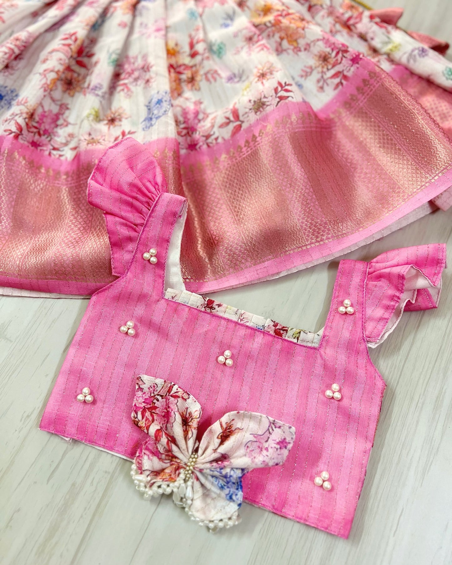 Butterfly Fairy Pearl Embellished Pink Top With Floral Lehenga Set