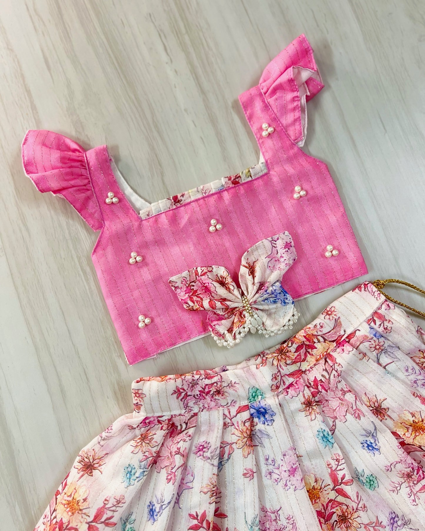 Butterfly Fairy Pearl Embellished Pink Top With Floral Lehenga Set