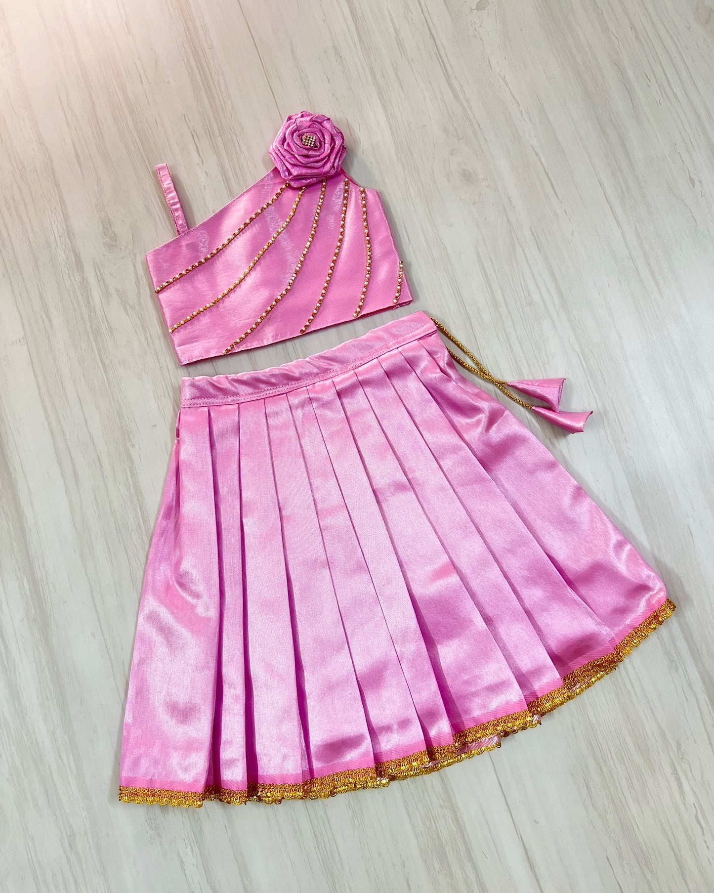 Princess Pink One Side Floral Embellished Shimmery Lehenga Set | The Silkberry