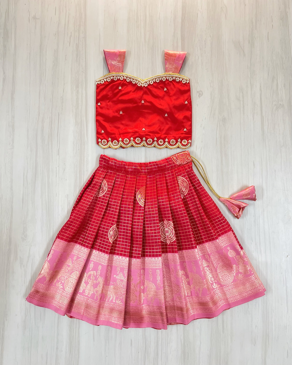 Red Velvet Petals Aari Embroidered Grand Lehenga Set