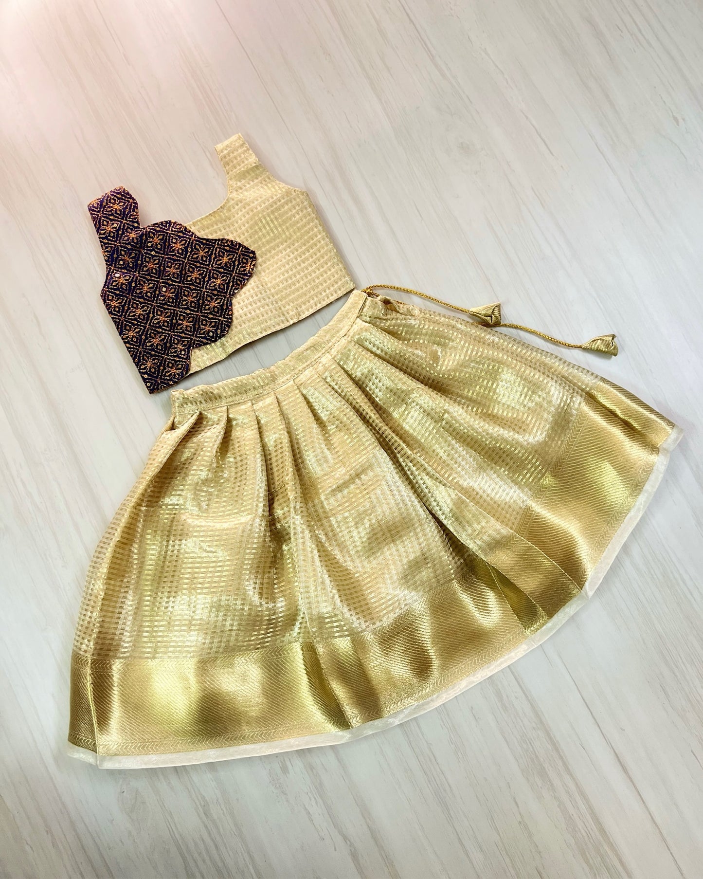 Deep Navy Heavy Embroidered Scalloped Trendy Top With Royal Gold Lehenga Set