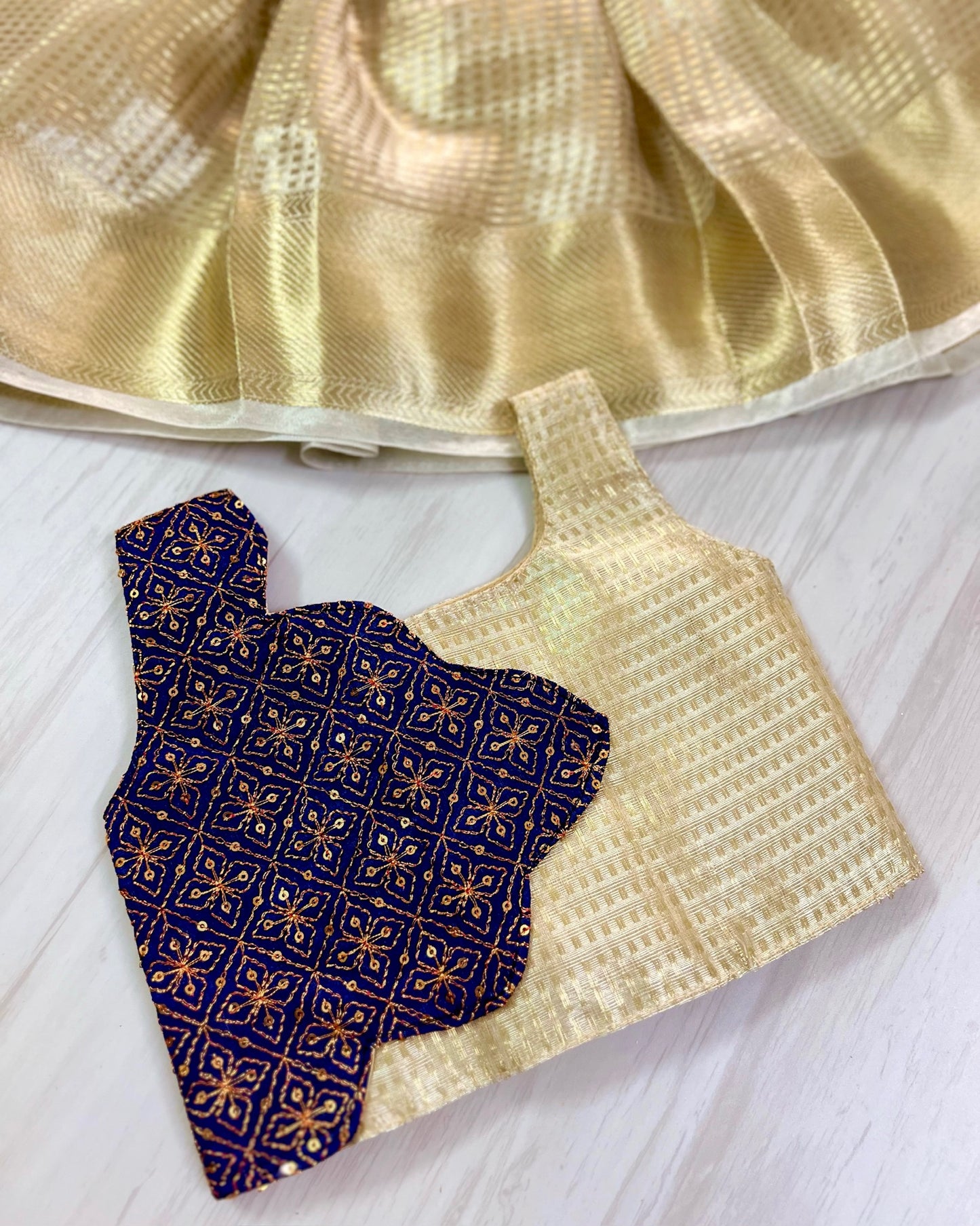 Deep Navy Heavy Embroidered Scalloped Trendy Top With Royal Gold Lehenga Set