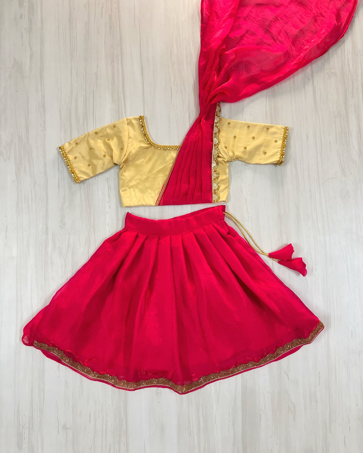 Hot Pink And Beige Half Saree Model Embellished Lehenga Set