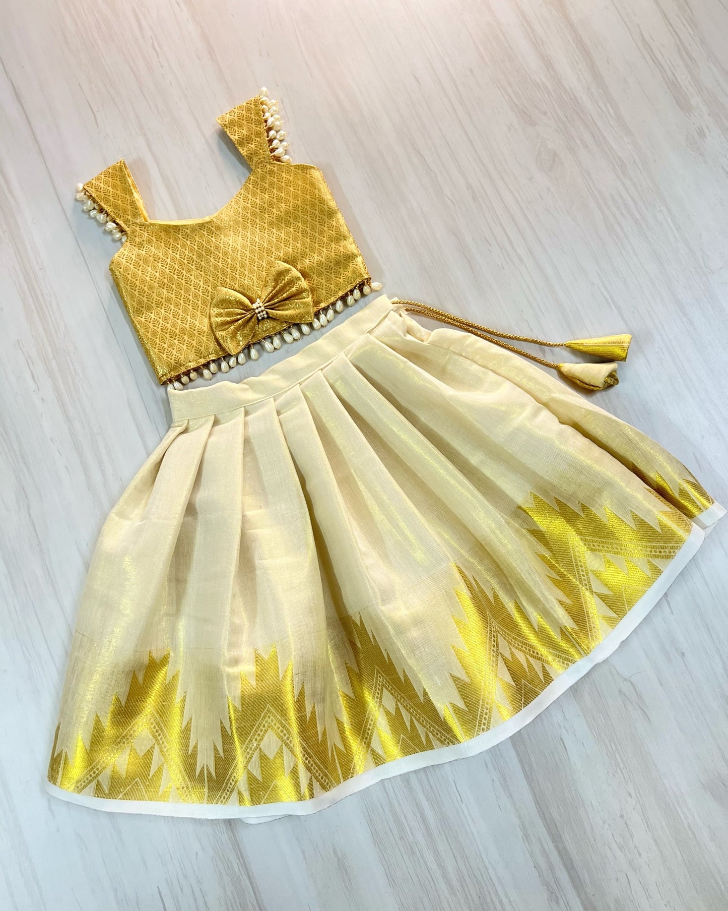 Golden Angel Kerala Style Pearl Embellished Lehenga Set