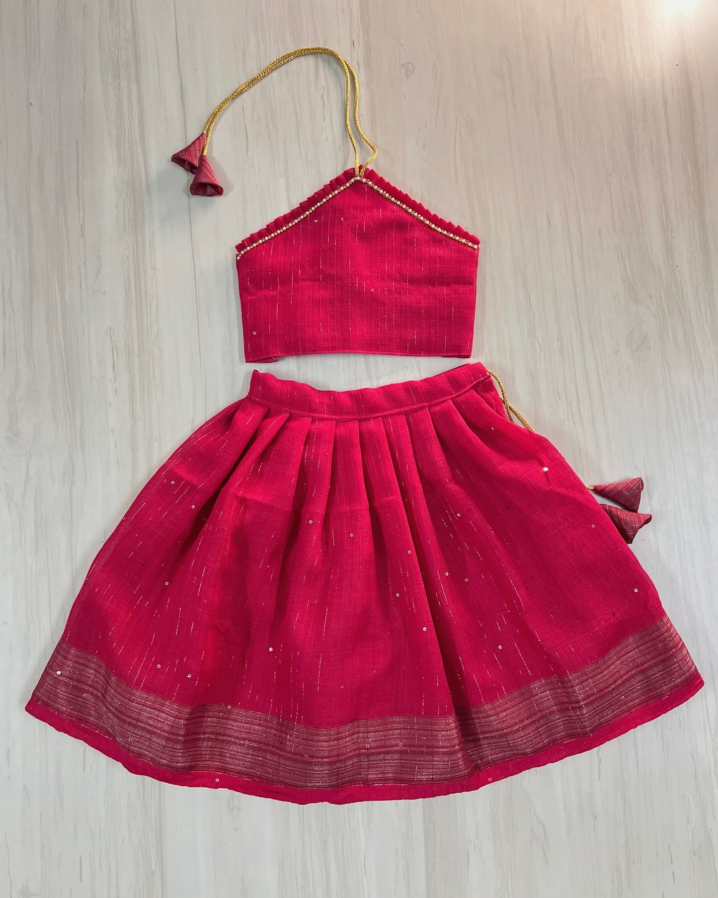 Real Ruby Sparkly Halter Neck Silk Lehenga Set | The Silkberry