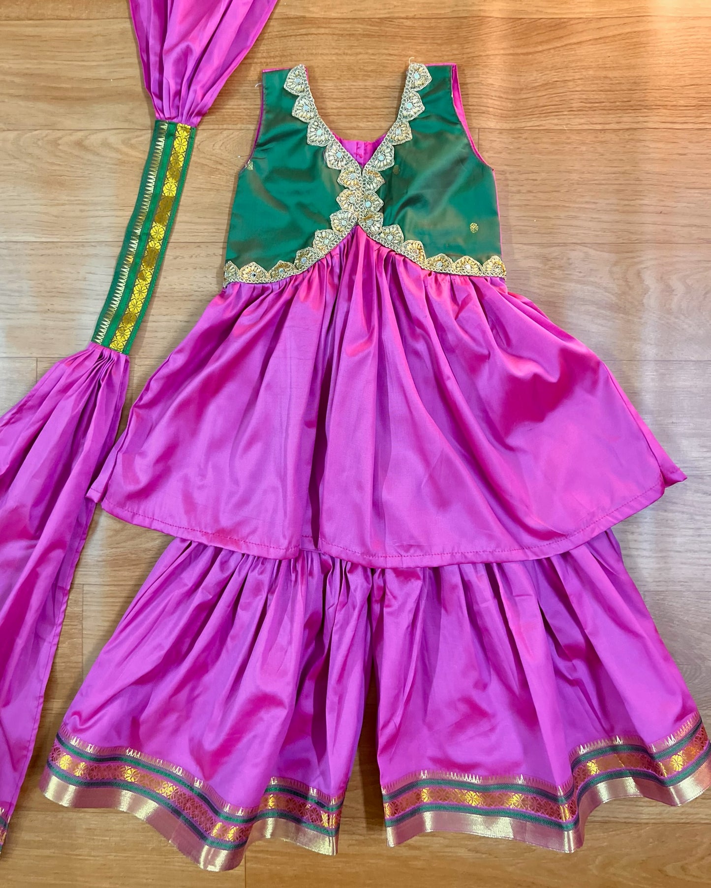 Rose petal pink and dark green anarkali dress