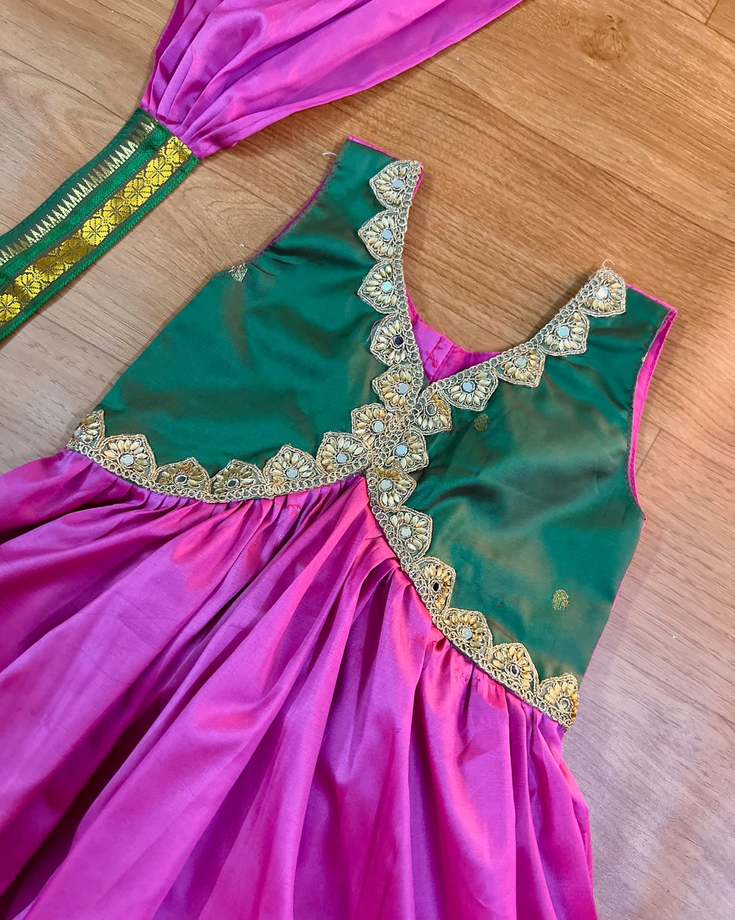 Rose petal pink and dark green anarkali dress