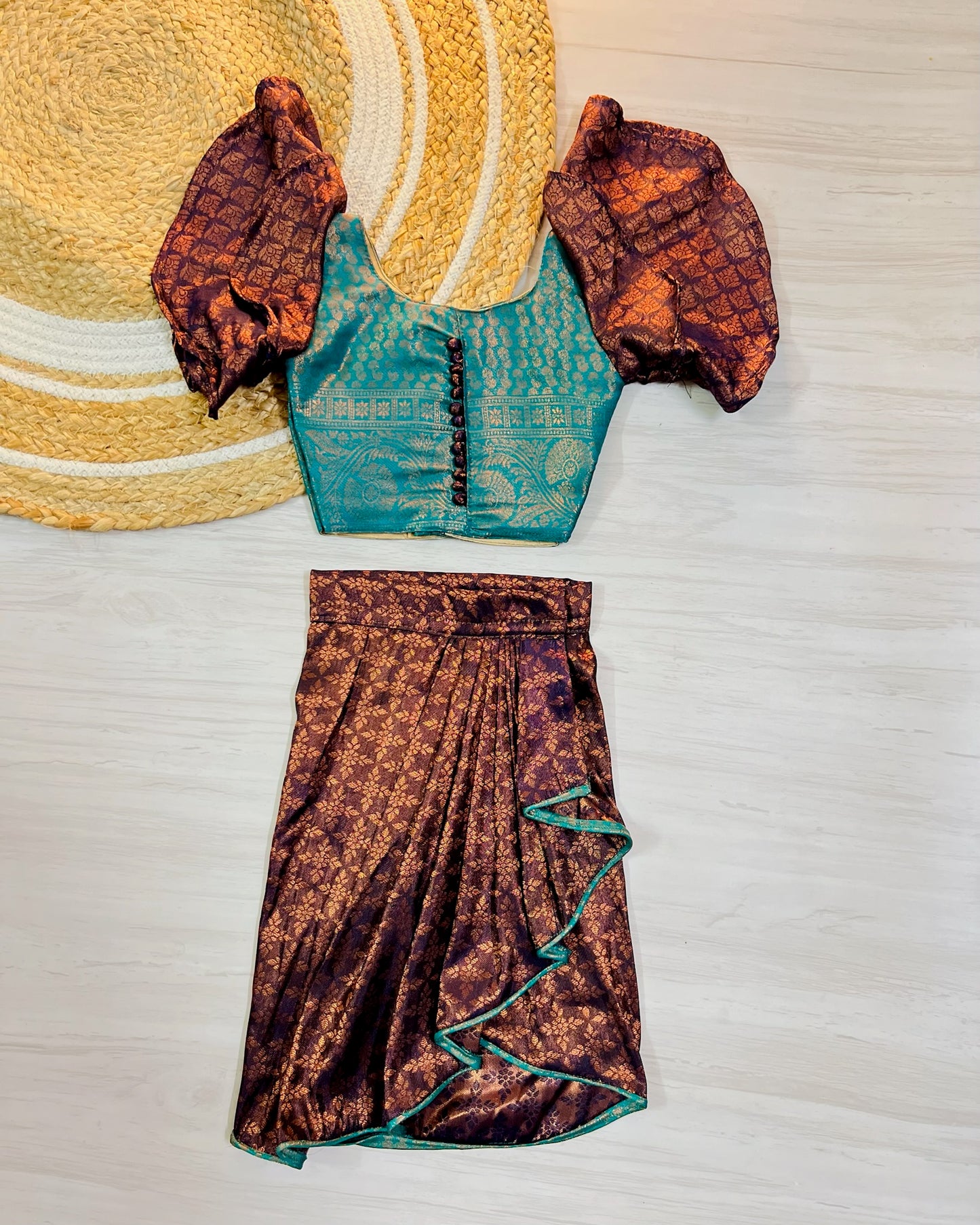Teal polki top with cute dhoti skirt