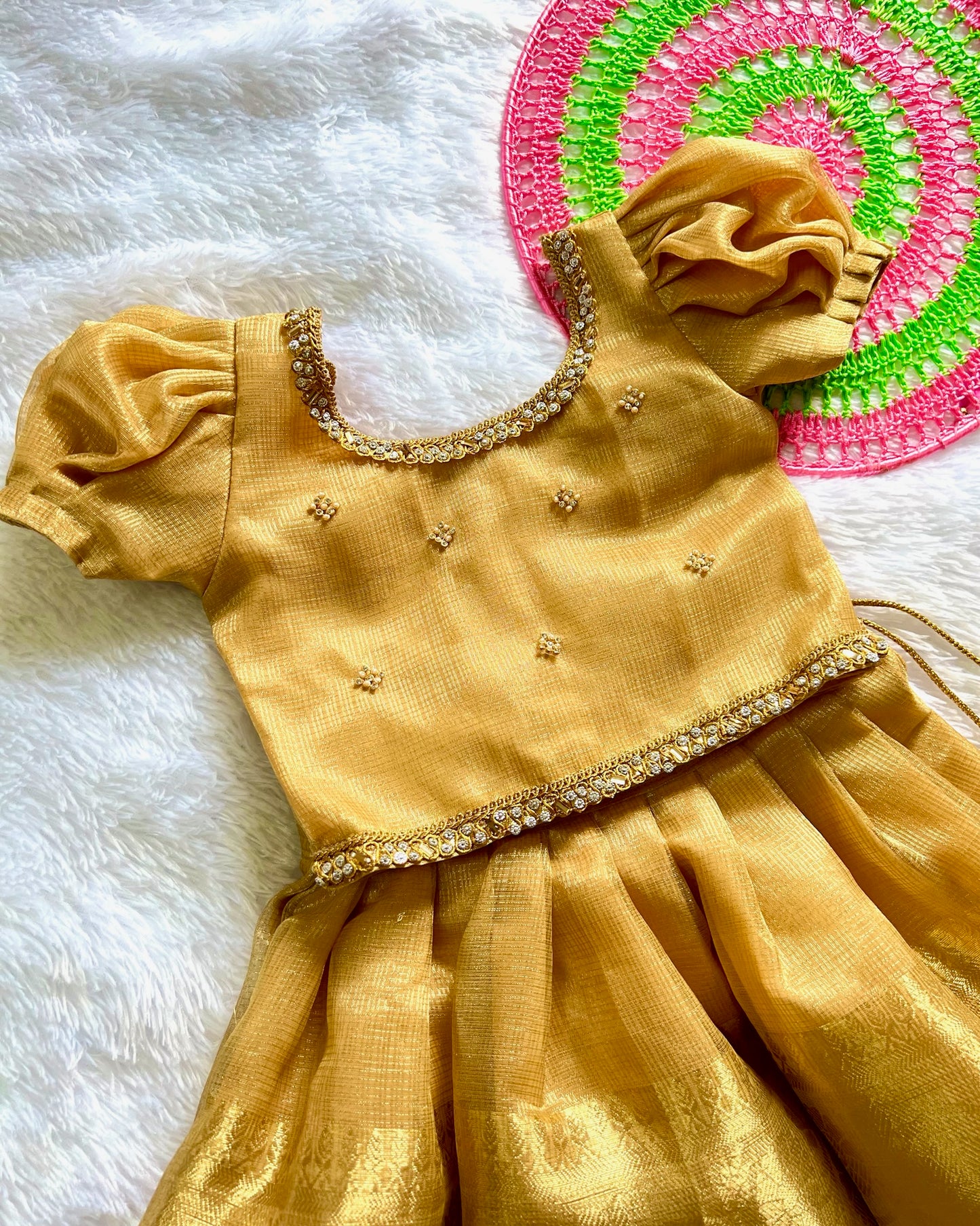 Golden Radiance: Traditional Ethnic Lehenga with White Stones