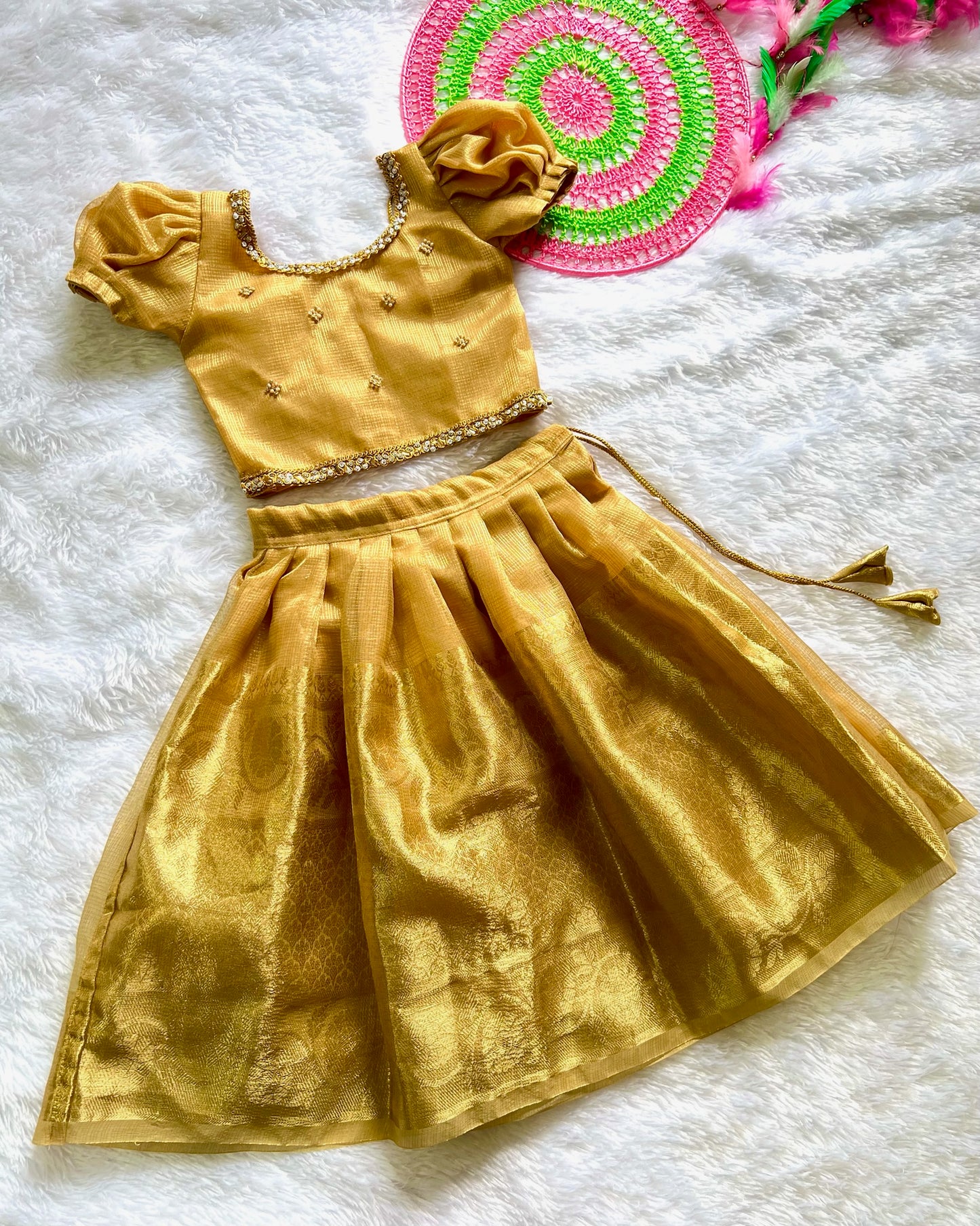 Golden Radiance: Traditional Ethnic Lehenga with White Stones