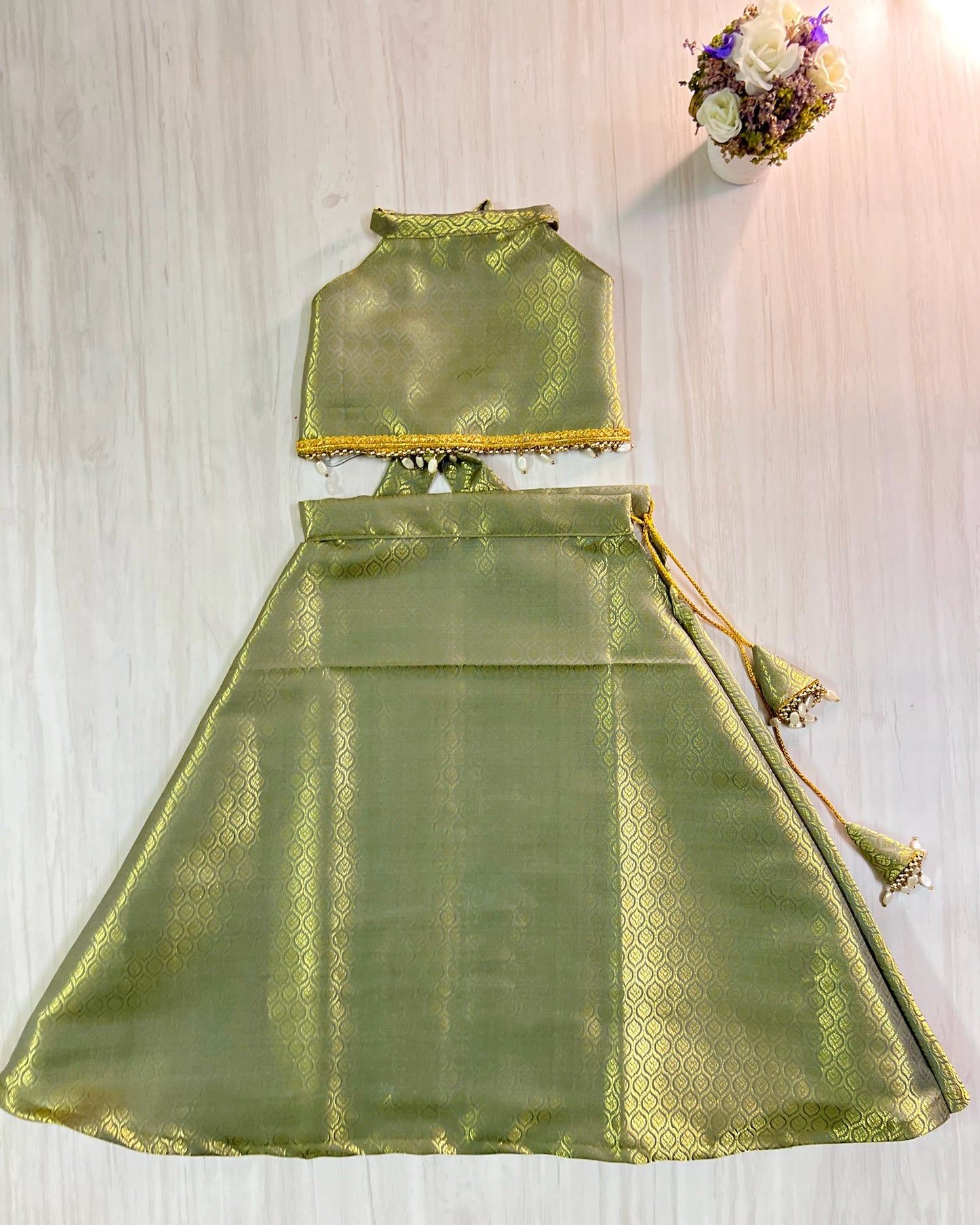 Grey Halter Neck Brocade Silk Crop Top Pearls Lehenga