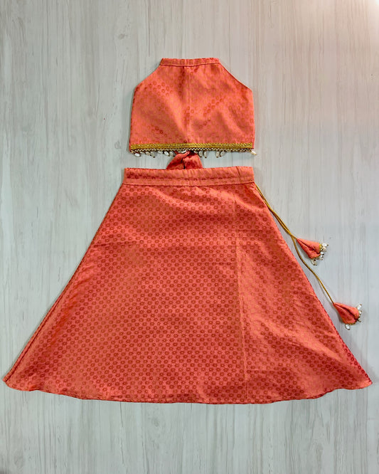 Peach Halter Neck Brocade Silk Crop Top Pearls Lehenga